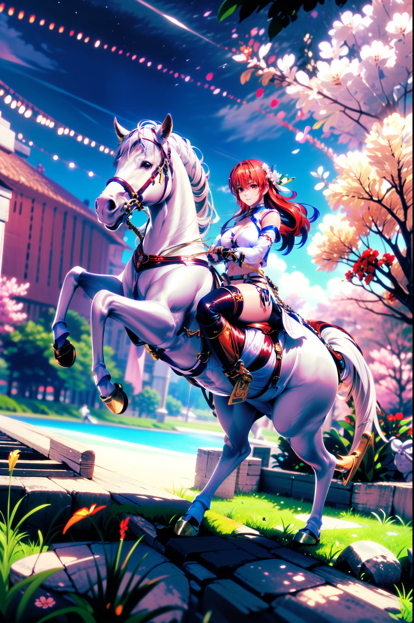 4k, masterpiece, solo, long hair, straight hair, between eyes bangs, {red hair}, brown eyes, large breast, riding on a white horse, (white horse: 1.0, white hair, bridle, saddle, stir ups, reins: 1.2), grass land, (warrior armor, pink miniskirt, white boots), anatomically correct,