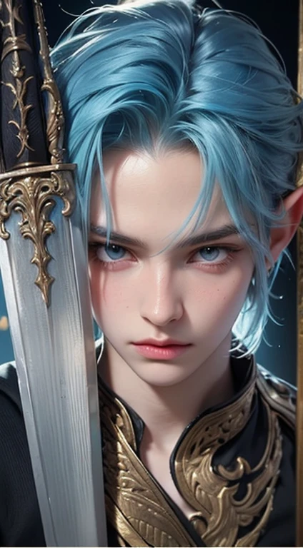 a close up of a person with blue hair and a sword, xqc, beautiful androgynous prince, delicate androgynous prince, a portrait of a male elf, beautiful male elf, heise jinyao, crisp clear rpg portrait, fantasy art style, artwork in the style of guweiz, inspired in kris from deltarrune, fantasy male portrait