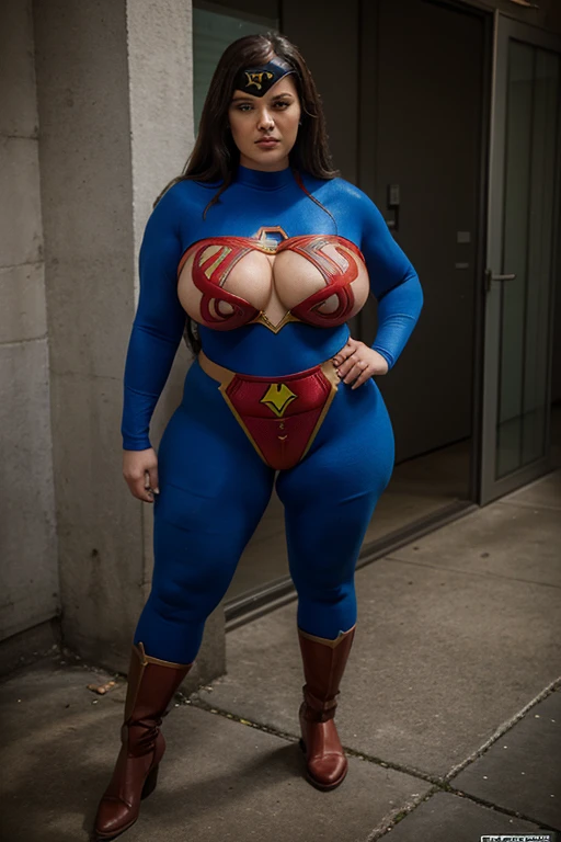 bbw superheroine is exhausted and paralyzed standing in front of the photo, full body
