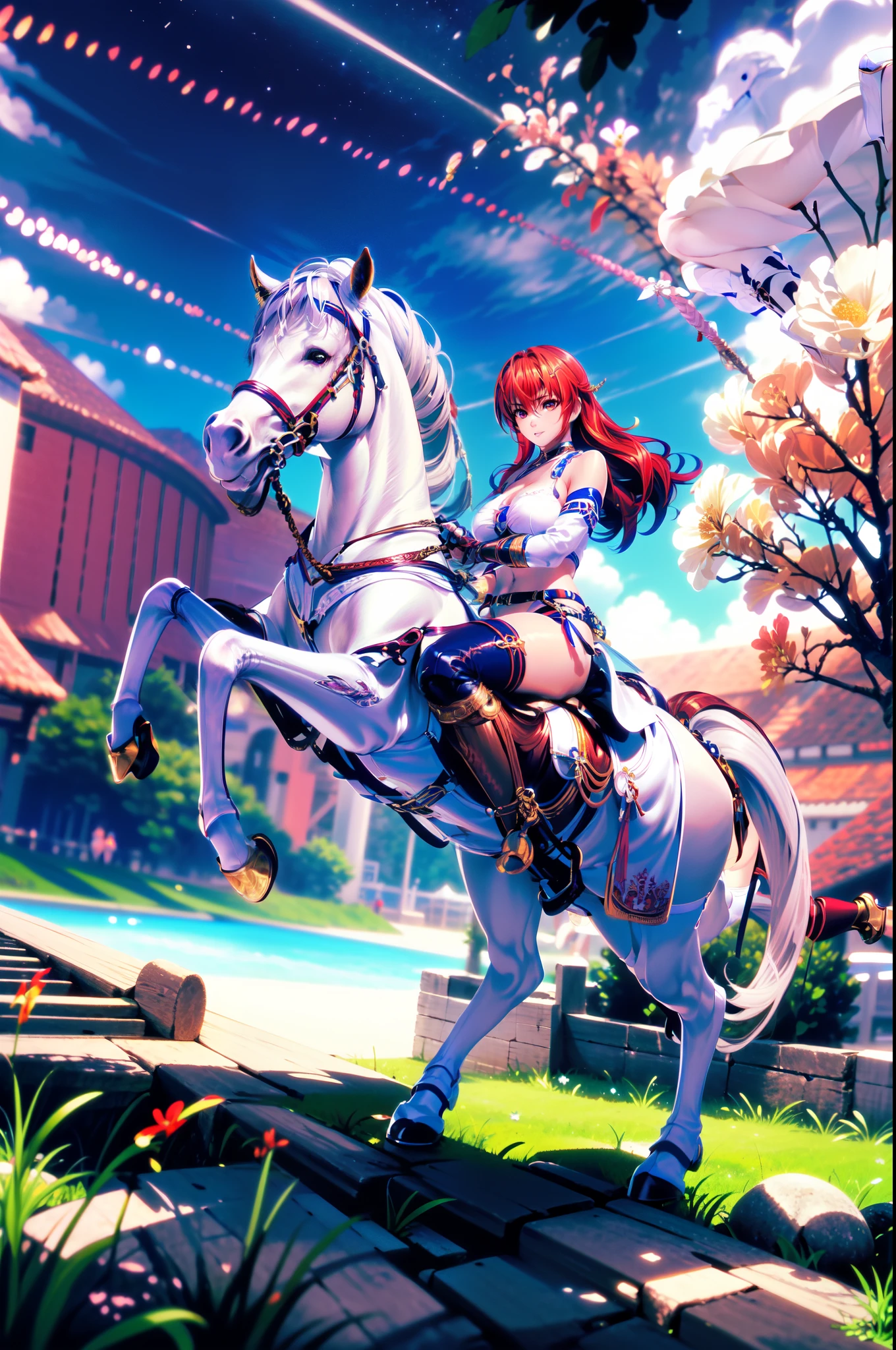 4k, masterpiece, solo, long hair, straight hair, between eyes bangs, {red hair}, brown eyes, large breast, riding on a white horse, (white horse: 1.0, white hair, bridle, saddle, stir ups, reins: 1.2), grass land, (warrior armor, pink miniskirt, white boots), anatomically correct,
