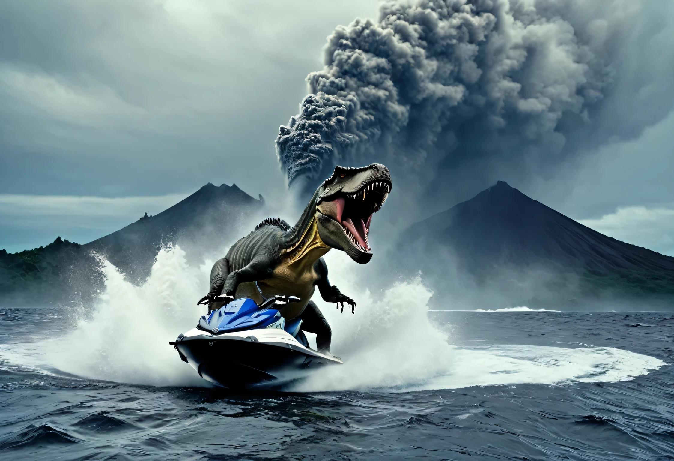 A tyrannosaurus is riding a jet ski in the middle of rough seas., Volcanic island in the background, The volcano is erupting violently., The images are very realistic, straight angle picture, Photo from bottom up, Pan the image to the left., Rule of Thirds for Photography, The sky is very cloudy., The atmosphere was terrifying.
