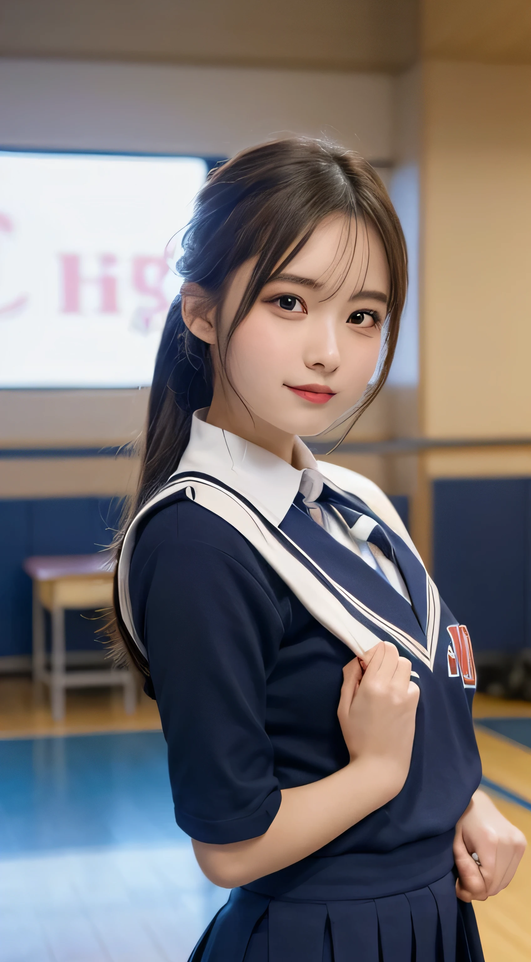 table top, highest quality, figure, Super detailed, finely, High resolution, 8k wallpaper, Perfect dynamic composition figure, detailed and beautiful eyes, cheerleader ,Brilliant, cheer dance, natural color lip,high school student,uniform