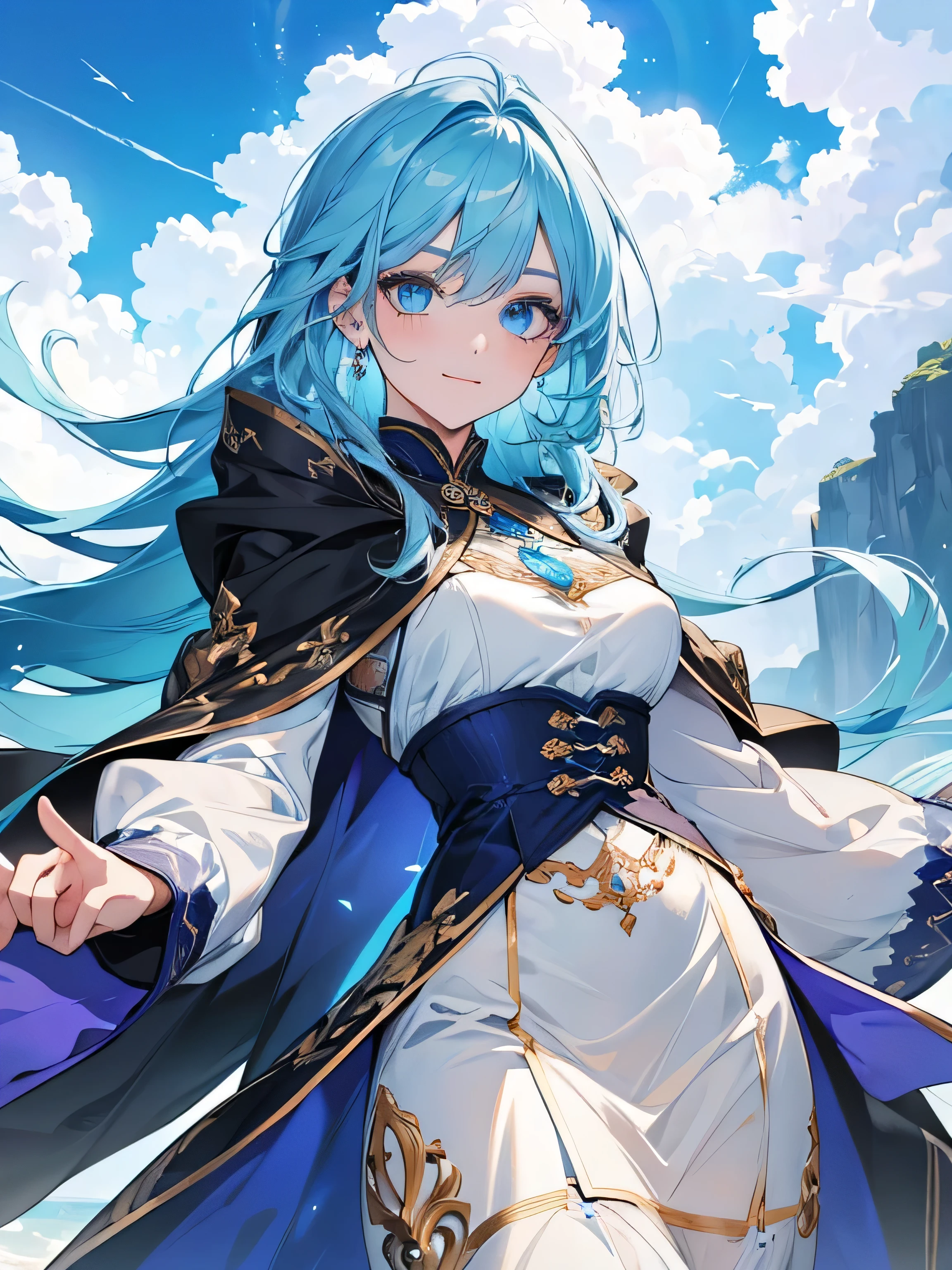 (best quality,4k,8k,highres,masterpiece:1.2),ultra-detailed,beautiful lady,sky blue hair,flowing,sky blue eyes, shining eyes,fair skin,detailed face and hair,ethereal beauty,vibrant colors,shimmering light reflections,soft and gentle expression,delicate eyelashes, magic,long skirt,simple background,simple hair ornament,beautiful smile,perfect hand and fingers,ultra detailed beautiful eyes,beautiful,