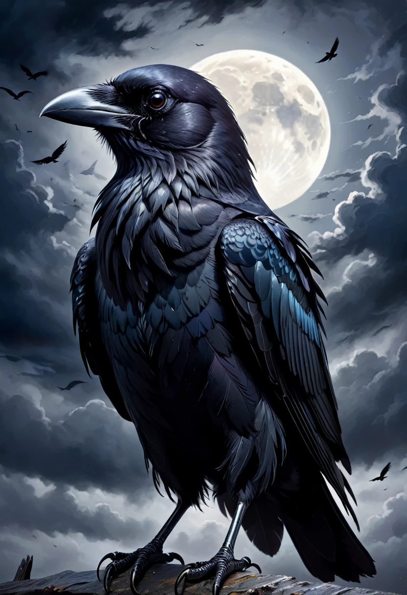best quality,ultra-detailed,(realistic:1.37) paintings,dark and mysterious atmosphere,ominous colors,[crow],intricate feathers,sharp beak,penetrating gaze,intense expression,eerie silhouette,sinister presence,nighttime scene,moonlit sky,clouds,dramatic lighting,contrast of light and shadow,gothic style,dramatic brushstrokes,texture and depth,colorful plumage,majestic wingspread,haunting presence,foreboding,loneliness,uneasy feeling,impressive details,beautifully captured essence,artistic masterpiece