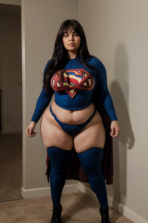 bbw superheroine is exhausted and paralyzed standing in front of the photo, full body
