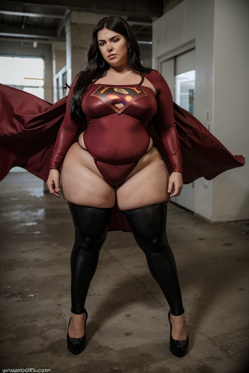 bbw superheroine is exhausted and paralyzed standing in front of the photo, full body