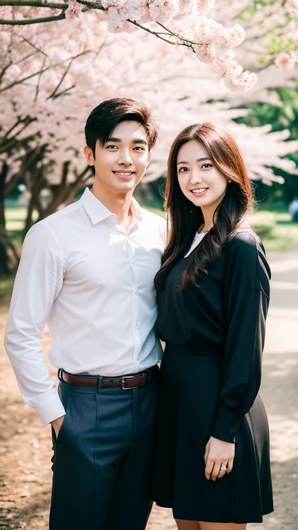 A handsome man married a beautiful woman. Both of them are in their twenties.. Both of them look at the camera with smiles. 穿Japan和服. Japan. logging park. Cherry blossoms. mangrove. night view. whole body. wide angle, best quality, Excellent details, ultra high resolution