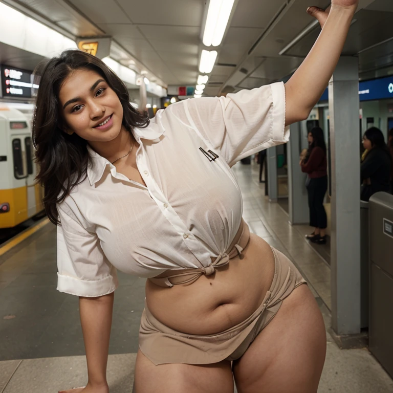 Action: Girl shows her vagina. Location: Metro station. Physical description: 18 year old, female, Indian, light brown skin, straight short black hair, dense long black pubic hair, big expressive eyes, light brown pupil, mischievous laugh, very fat body, big fat belly, big fat thighs. Attire: fully buttoned formal shirt, shirt tucked in, neck tie,long box pleat skirt, no underwear