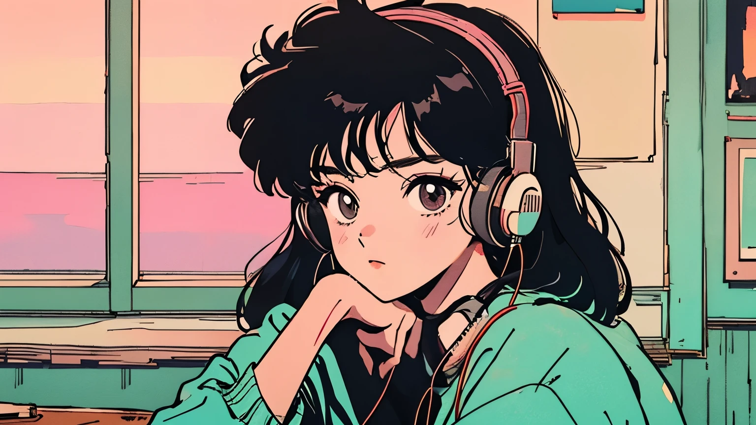 1woman, only, sitting at a table with headphones, sunset, African American, a book, Lofi Girl, Lofi Art, NULL Art Style, Lofi Feel, Lofi Portrait, Lofi Colors, NULL, Lo-fi Art, Lofi Vibes , Lofi vibe, Lofi hip hop, Satoshi might artstyle, Lofi Girl aesthetic
