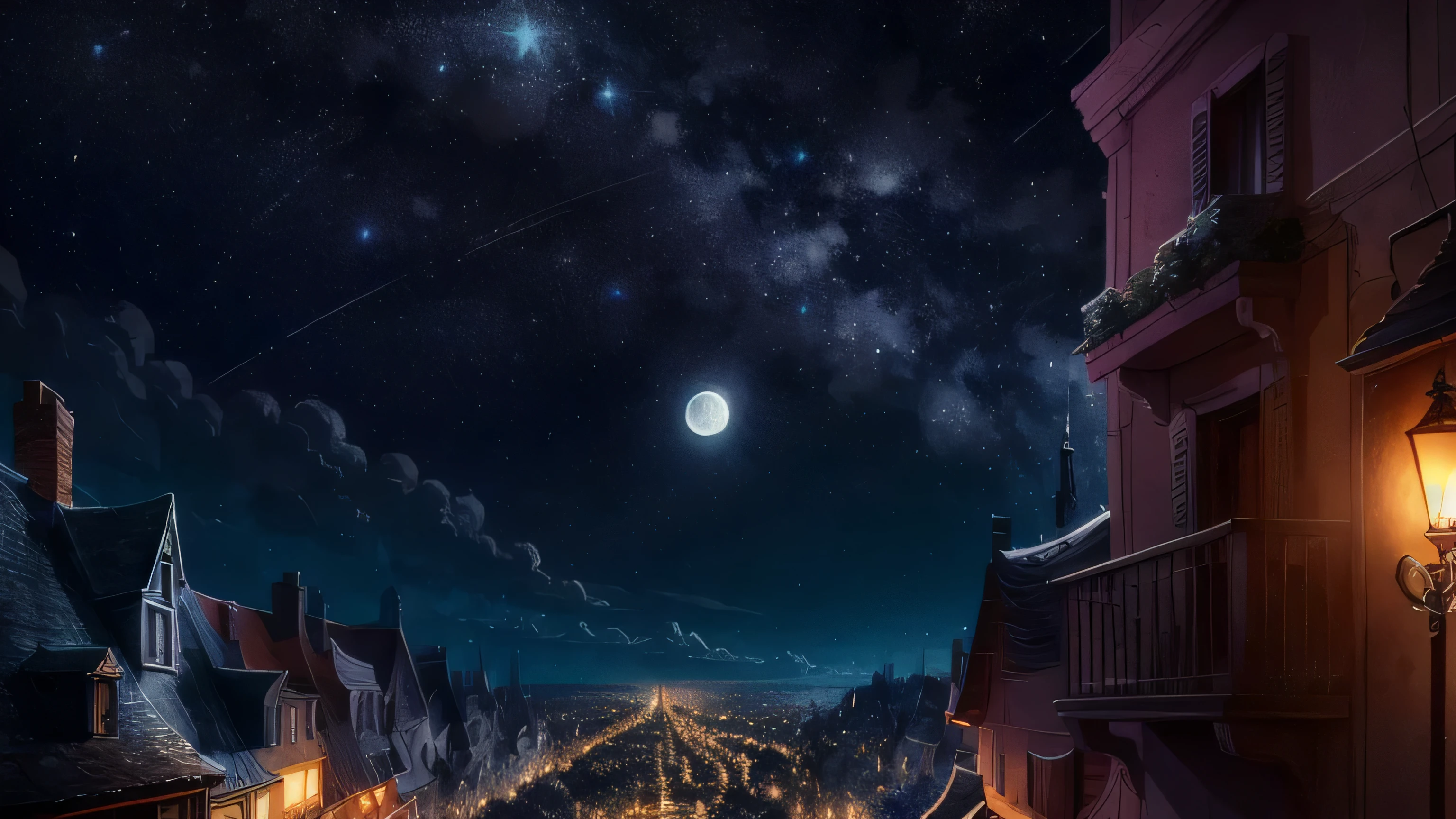tard le soir, a full moon in the starry sky, street lamps, le vent souffle sur les arbres dans la rue, un livre à travers la fenêtre ouverte de la maison, beautiful HD cartoon scenes, beau paysage de dessin animé HD, ciel de nuit, art dessin animé HD. As you marvel at the view before you, 8K, ultra-HD,