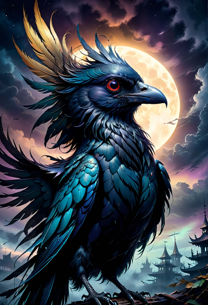 best quality,ultra-detailed,(realistic:1.37) paintings,dark and mysterious atmosphere,ominous colors,[crow],intricate feathers,sharp beak,penetrating gaze,intense expression,eerie silhouette,sinister presence,nighttime scene,moonlit sky,clouds,dramatic lighting,contrast of light and shadow,gothic style,dramatic brushstrokes,texture and depth,colorful plumage,majestic wingspread,haunting presence,foreboding,loneliness,uneasy feeling,impressive details,beautifully captured essence,artistic masterpiece