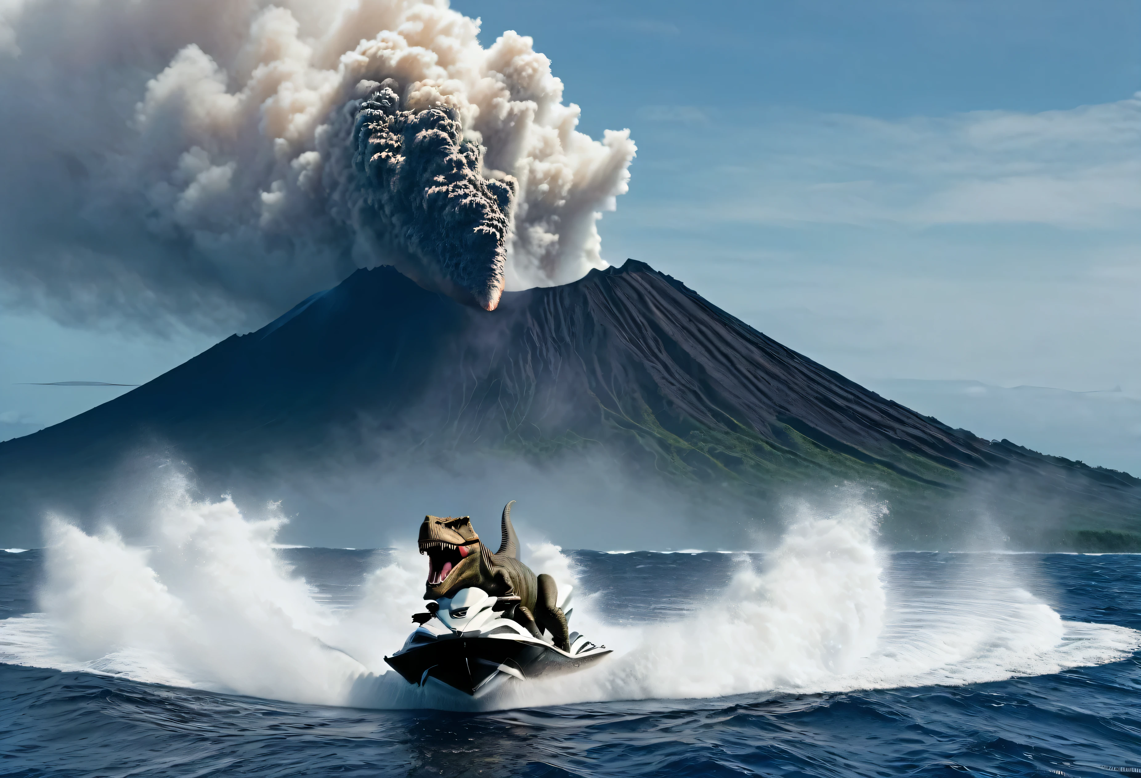 A tyrannosaurus is riding a jet ski in the middle of rough seas., Volcanic island in the background, The volcano is erupting violently., The images are very realistic, straight angle picture, Photo from bottom up, Pan the image to the left., Rule of Thirds for Photography, The sky is very cloudy., The atmosphere was terrifying.