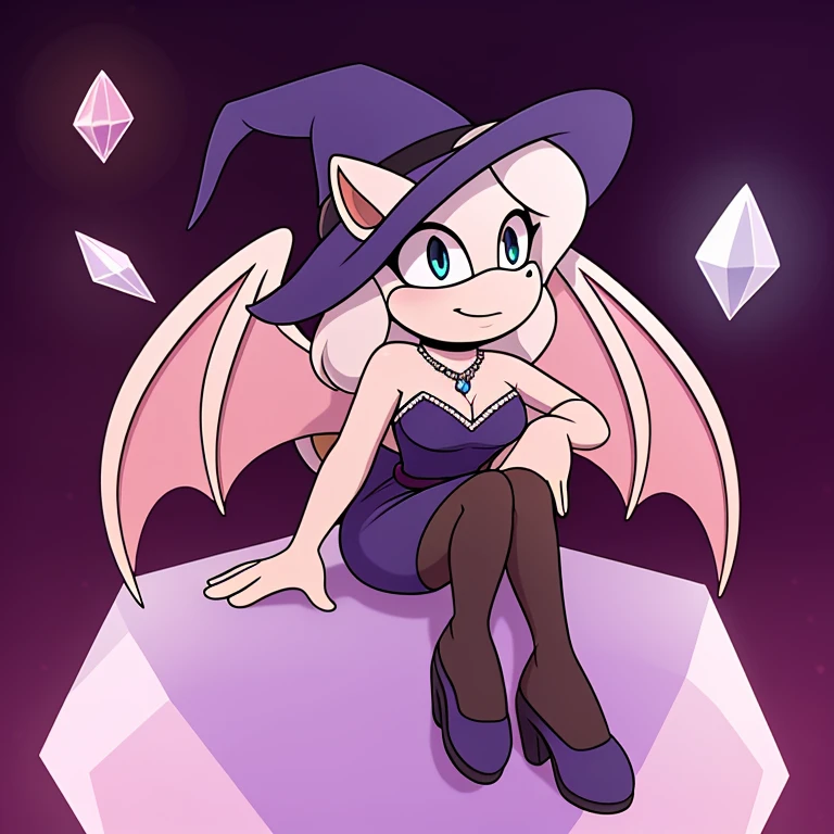 Mobian (dragon), 1girl, white crystal body, white scales, white crystal dragon horns, white dragon wings, white dragon tail, small breasts, (white diamond dress), cleavage, white diamond witch hat, diamond (gemstone) necklace, diamond (gemstone), sitting on giant diamond (gemstone)