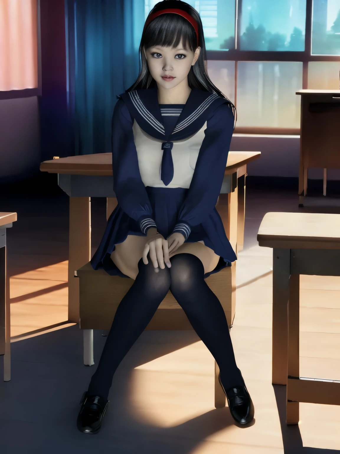 (dark photo、unity、8k wallpaper)、(very delicate and beautiful)、(masterpiece)、(highest quality:1.2)、(超A high resolution:1.3)、(beautiful realistic asian),beautiful lighting、perfect lightning、realistic shadow、fine skin、Super detailed、detailed face and eyes、realistic eyes、sharp pupils、Huge , inside the classroom、School、sunset、beautiful face、blurred background、(japanese woman)、shiny skin、side up、美しいblack hair、dull bangs、Japan High School Sailor Uniform、pleated mini skirt、gentle smile, ((table top, highest quality)), (shiny skin), cinematic lighting, Physically based rendering, award-winning, highly detailed skin, highly detailed face, Beautiful eyes in every detail, Carl Zeiss 85mm F/1.4, (Standing position), (cumin , on the chest and thighs), she&#39;she&#39;To a very cute 16 year old , (black hair, straight long hair, open your eyes, blush), big cleavage, (sailor blouse, Pull up the pleated skirt yourself:1.3), watching from a distance, (navy knee socks, thigh focus),art by、 