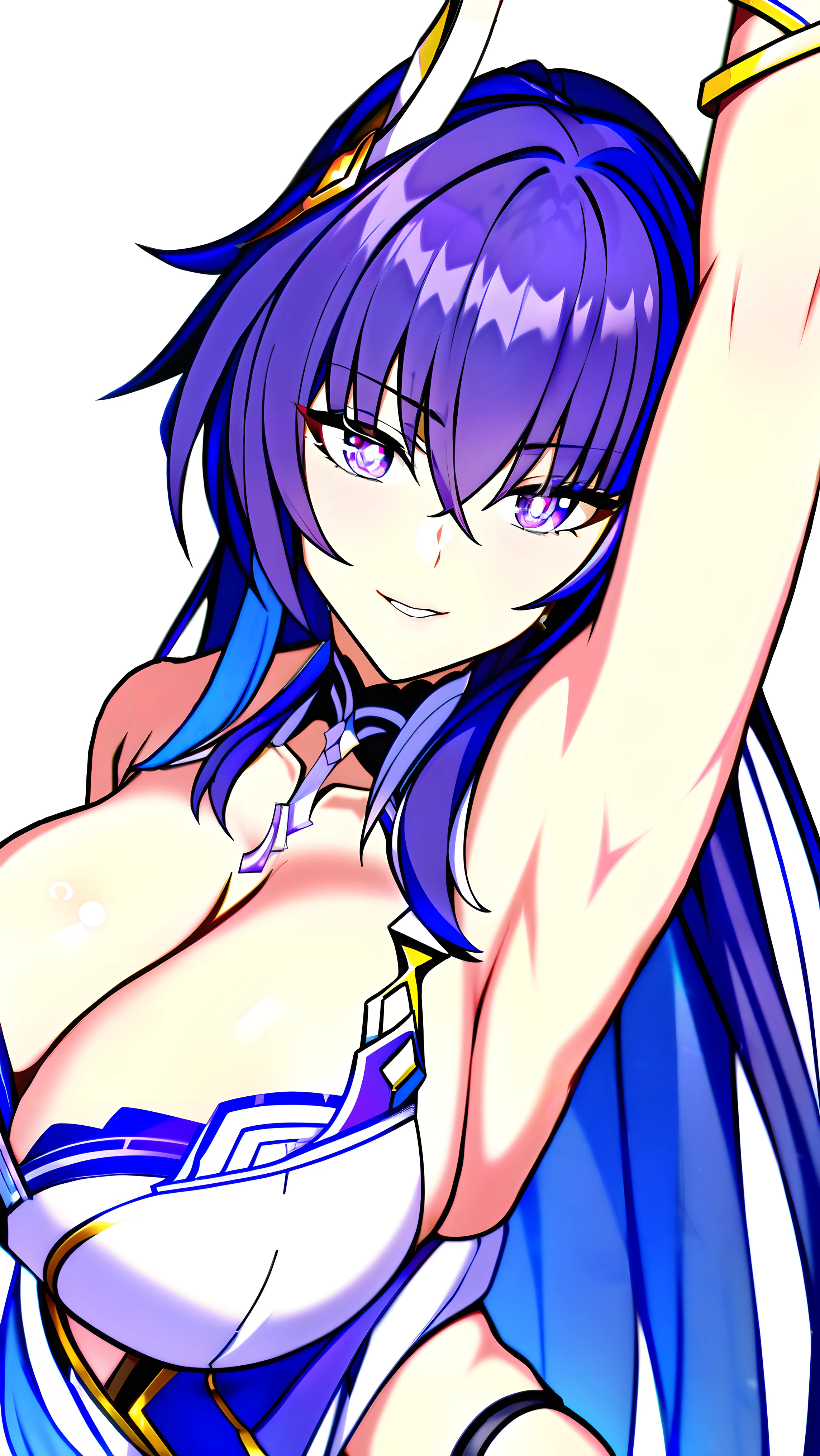 (((White background wall)),tmasterpiece,Best quality,extremely detaild CG unified 8k wallpapers, tmasterpiece, Best quality, CG, optics ,Raiden Mei (((Honkai Impact 3rd))),detail processing,((Purple pupil)),headgear, Purple long straight hair,((MILF,A mature woman)),Huge cleavage,Intimacies,eventide,Clear face,face expressionless,bangle,((dancer))