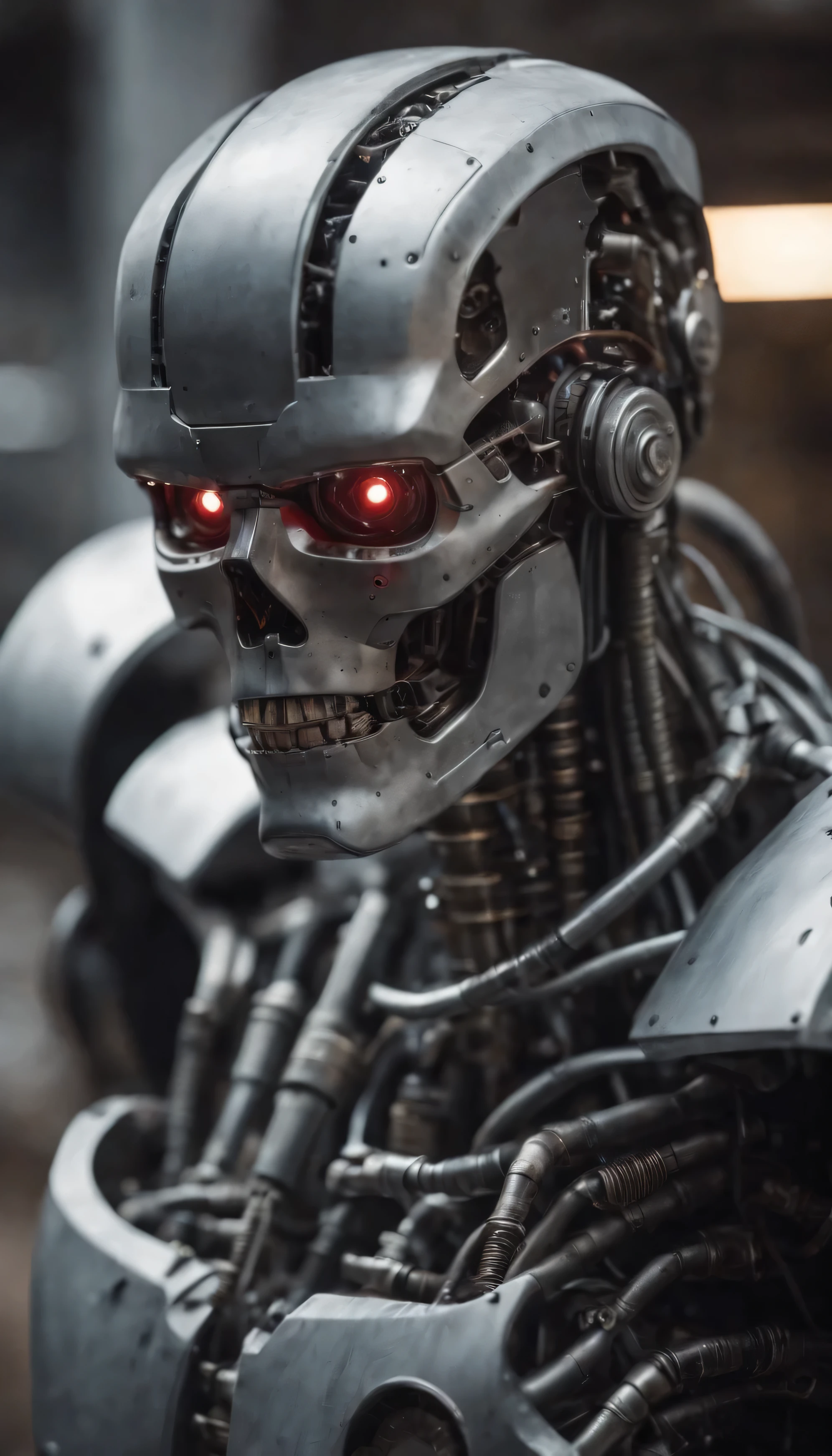 Generate a high-quality image on a complex AI Terminator made of steel, hydraulics and computer parts, has an extensive mysterious history that symbolizes the aftermath of the war