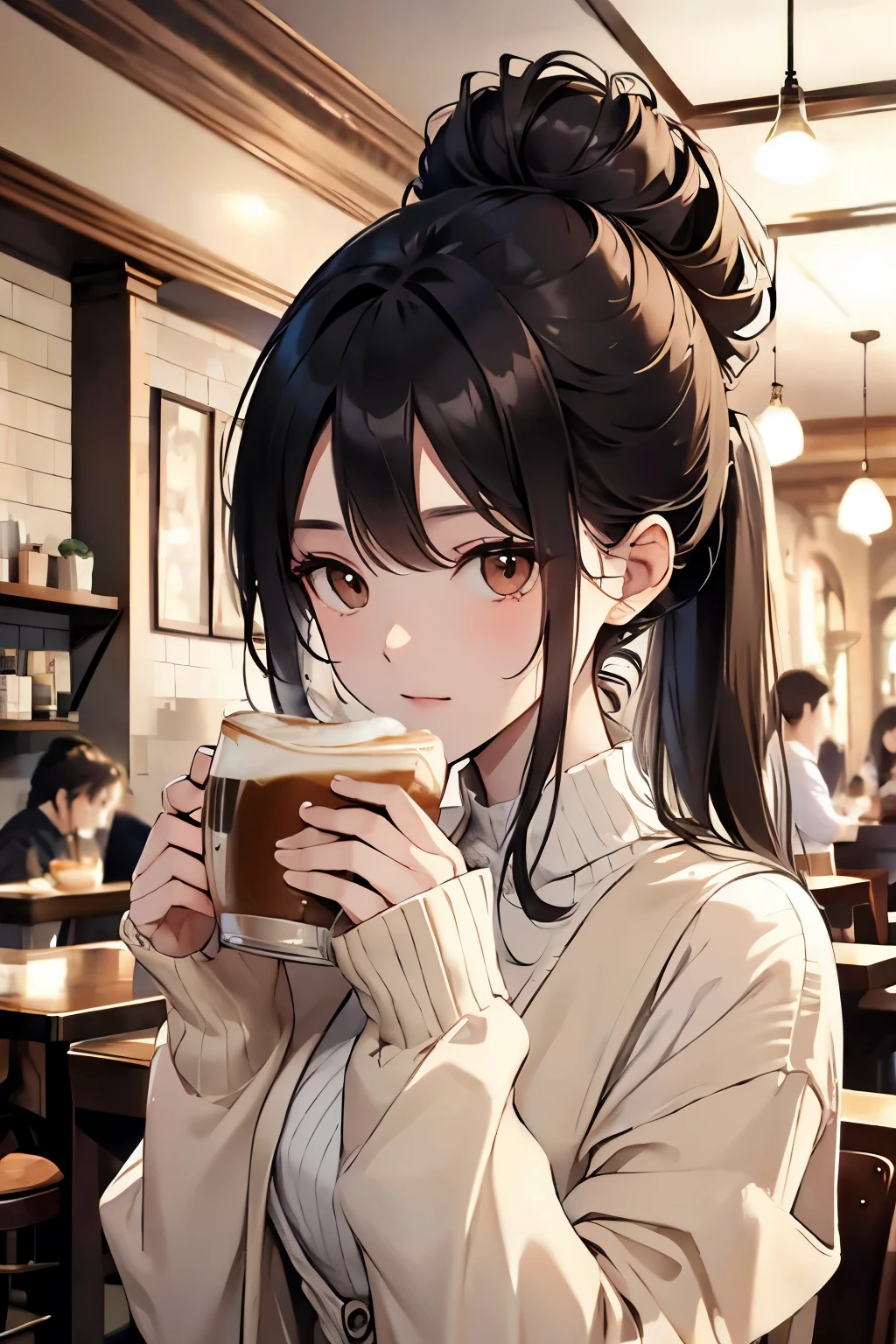 best quality, highres,Slender、brown eyes、tall、black hair、(Forehead exposed:1.7)、(semi-long:1.3),bun hair、(Cafe:1.4)、No sleeve、cardigan