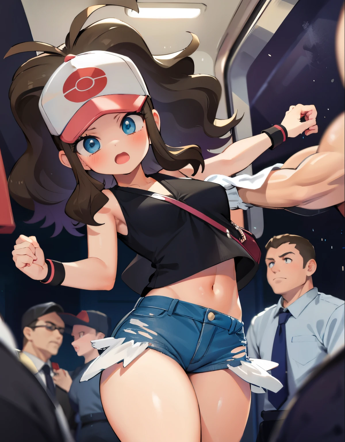 High quality, Masterpiece, Best quality, Hilda \(pokemon\), def1, body shape, beautiful eyes, detailed eyes, thick thighs, a girl being touched by multiple men without her consent inside a subway car,illustration,harsh and disturbing atmosphere,[dark shadows,dark and crowded subway car,panic,struggle],(best quality,highres),vivid colors,warm tones,dimmed lighting