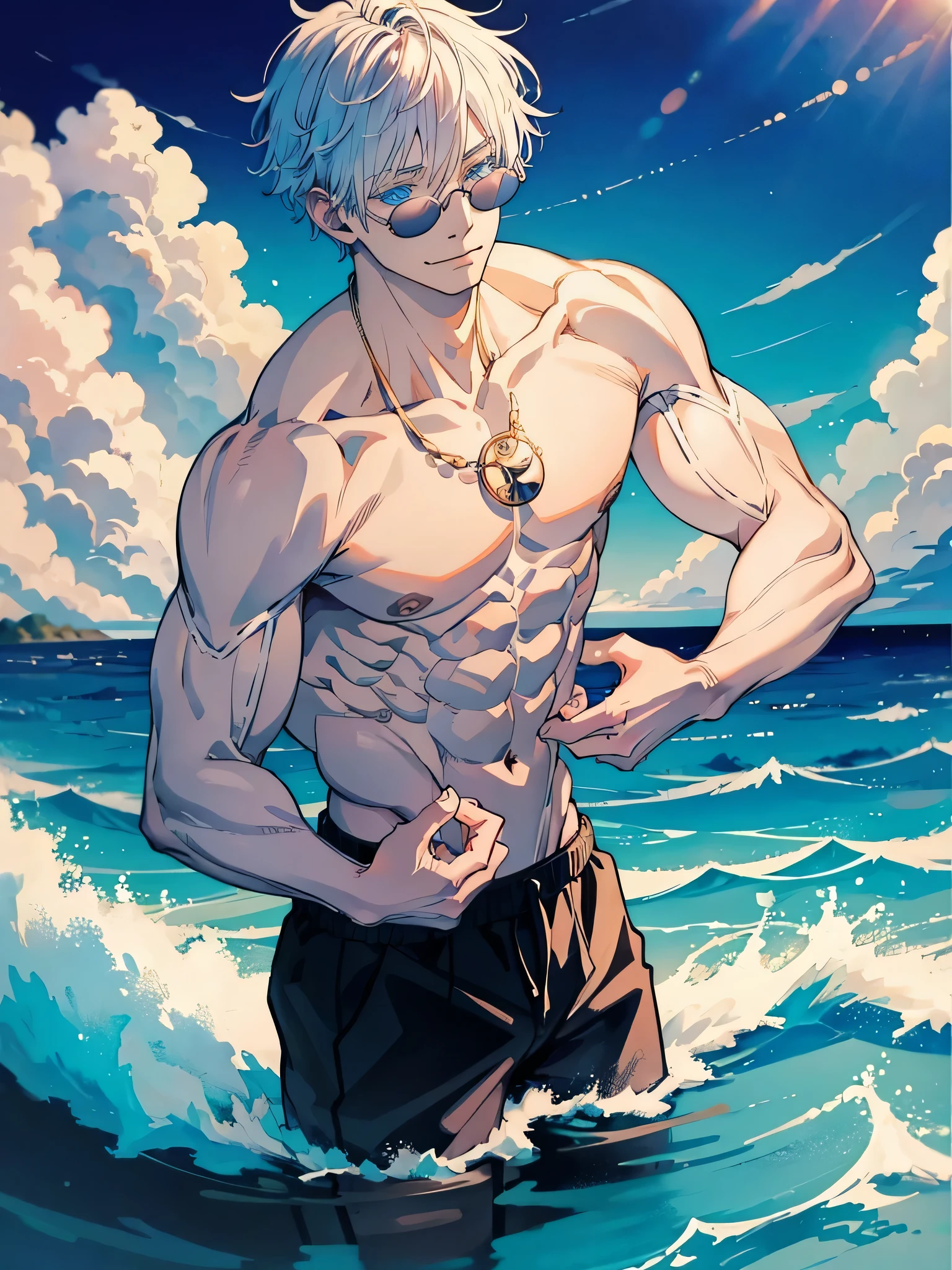 Masterpiece, Best quality,
1 man, Satoru Gojo, Muscular, Shirtless, Solo, Male focus, White hair, Short hair, hair between eye, Blue eyes, Upper body, colored eyelashes, sunglasses, Smile, looki at viewer, Solo, Floating sea
 (Masterpiece:1,2), Best quality, Masterpiece, A high resolution, Original, extremelydetailedwallpaper, Perfect lighting,(Extremely detailed CG:1.2),