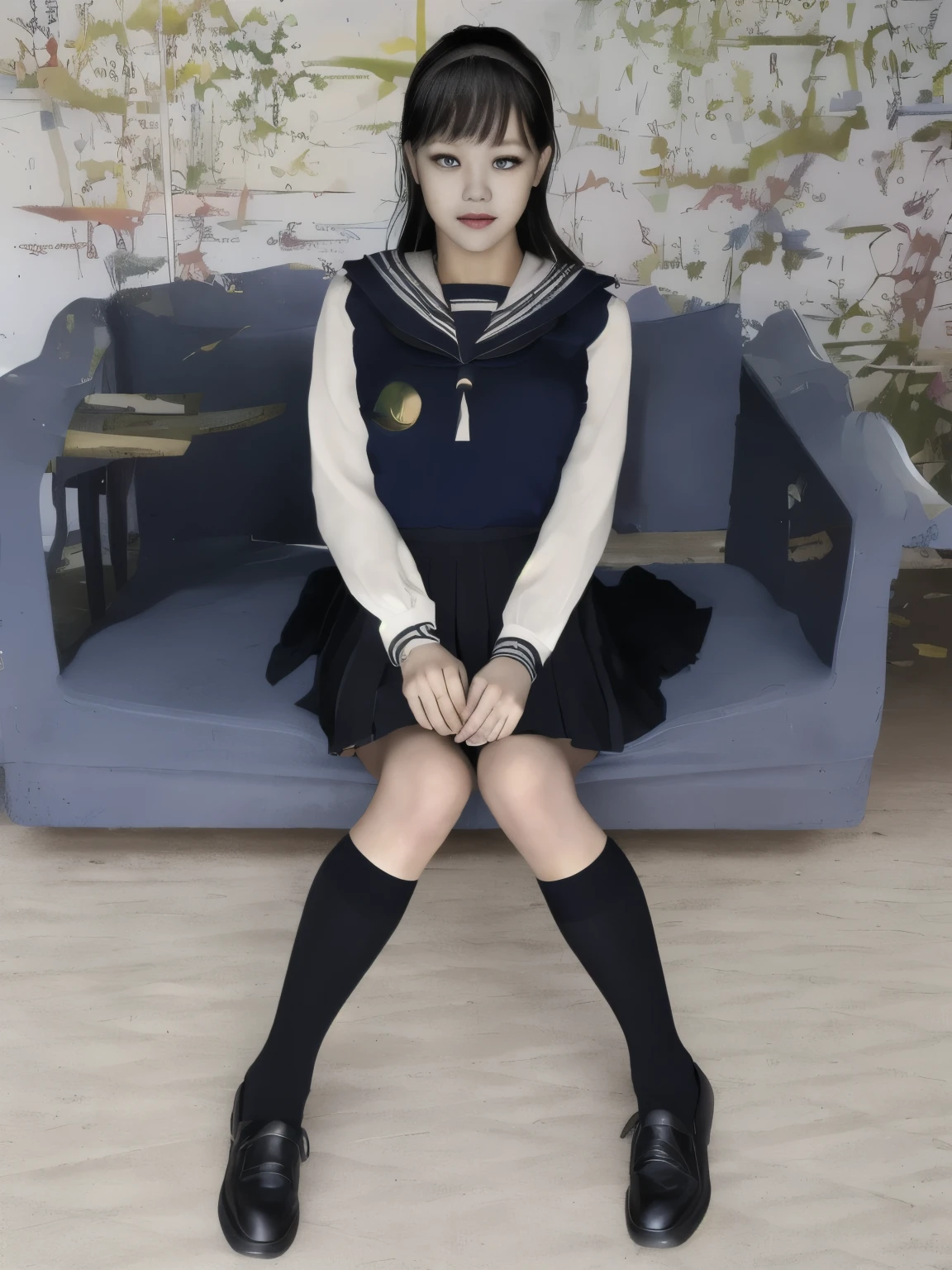 (dark photo、unity、8k wallpaper)、(very delicate and beautiful)、(masterpiece)、(highest quality:1.2)、(超A high resolution:1.3)、(beautiful realistic asian),beautiful lighting、perfect lightning、realistic shadow、fine skin、Super detailed、detailed face and eyes、realistic eyes、sharp pupils、Huge , inside the classroom、School、sunset、beautiful face、blurred background、(japanese woman)、shiny skin、side up、美しいblack hair、dull bangs、Japan High School Sailor Uniform、pleated mini skirt、gentle smile, ((table top, highest quality)), (shiny skin), cinematic lighting, Physically based rendering, award-winning, highly detailed skin, highly detailed face, Beautiful eyes in every detail, Carl Zeiss 85mm F/1.4, (Standing position), (cumin , on the chest and thighs), she'she'To a very cute , (black hair, straight long hair, open your eyes, blush), big cleavage, (sailor blouse, Pull up the pleated skirt yourself:1.3), watching from a distance, (navy knee socks, thigh focus),art by、