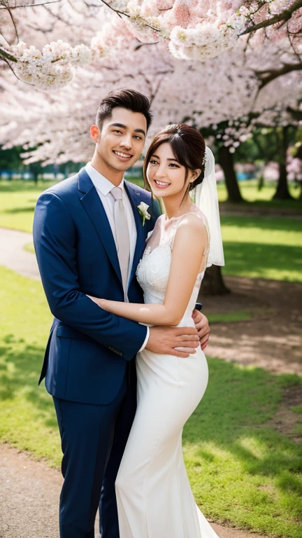 A handsome man married a beautiful woman. Both of them are in their twenties.. The two hugged each other and looked at the camera with smiles on their faces. Men&#39;s suits.Woman wearing luxurious white wedding dress.Good figure. wedding place japan. logging park. Cherry blossoms. mangrove. night view. whole body. wide angle, best quality, Excellent details, ultra high resolution