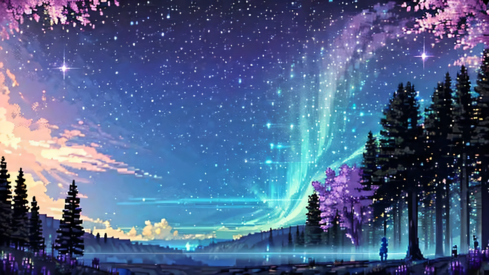 In pixel art, a beautiful sky full of ribs can be depicted as elegant, flowing auroras or wispy clouds arching across the sky. Here is a description of a pixel art scene featuring this kind of sky and an open place with a Yggdrasil tree: The sky is filled with long, flowing waves of vibrant colors, resembling ribs or auroras. These streaks shift seamlessly between hues of green, purple, and blue, dancing gracefully across the dark, star-studded night sky. The open place below the sky is a serene and mystical landscape, with rolling hills and sparse vegetation. In the middle of the scene stands a majestic pixel art Yggdrasil tree. This ancient tree has a massive, gnarled trunk and sprawling roots that appear deeply intertwined with the earth. Its vast branches stretch toward the sky, adorned with delicate pixelated leaves. The soft glow of the auroras reflects off the tree, highlighting its leaves and branches with ethereal light. The Yggdrasil tree seems almost magical in this setting, bridging the connection between the earth and the sky. Around the tree, the ground is dotted with pixelated shrubs and flowers that sway gently in the breeze. The overall scene creates a sense of wonder and tranquility, with the captivating beauty of the auroras and the majestic presence of the Yggdrasil tree as focal points.