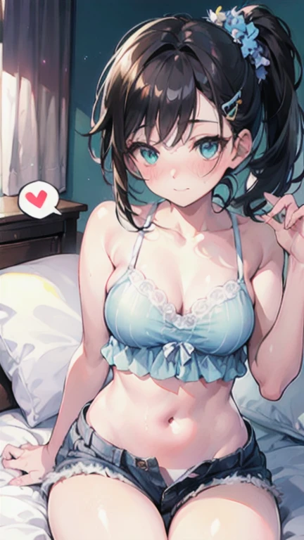 Tazune rirei, 8k, ultra-detailed, Masterpiece, best quality, perfect lighting, aqua eyes, black hair, side ponytail, camisole, navel, shorts, barefoot, spoken heart, bedroom, sitting on bed, 1girl, solo, looking at viewer, portrait, bokeh, blush, embarrassed