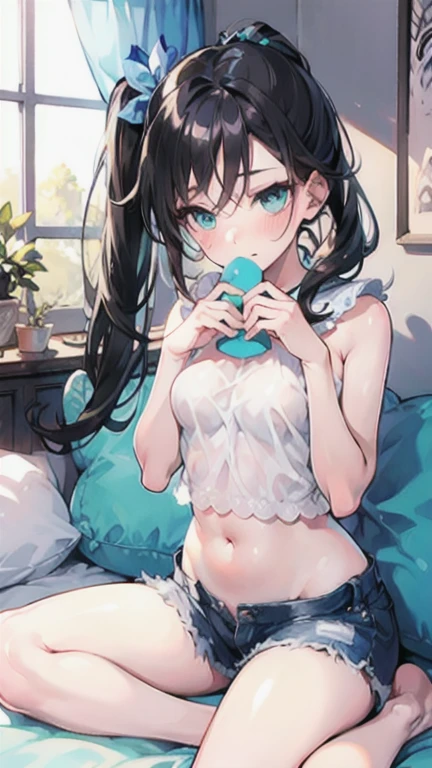 Tazune rirei, 8k, ultra-detailed, Masterpiece, best quality, perfect lighting, aqua eyes, black hair, side ponytail, camisole, navel, shorts, barefoot, spoken heart, bedroom, sitting on bed, 1girl, solo, looking at viewer, portrait, bokeh, blush, embarrassed