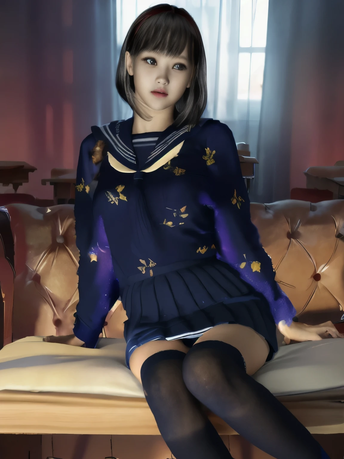 (dark photo、unity、8k wallpaper)、(very delicate and beautiful)、(masterpiece)、(highest quality:1.2)、(超A high resolution:1.3)、(beautiful realistic asian),beautiful lighting、perfect lightning、realistic shadow、fine skin、Super detailed、detailed face and eyes、realistic eyes、sharp pupils、Huge , inside the classroom、School、sunset、beautiful face、blurred background、(japanese woman)、shiny skin、side up、美しいblack hair、dull bangs、Japan High School Sailor Uniform、pleated mini skirt、gentle smile, ((table top, highest quality)), (shiny skin), cinematic lighting, Physically based rendering, award-winning, highly detailed skin, highly detailed face, Beautiful eyes in every detail, Carl Zeiss 85mm F/1.4, (Standing position), (cumin , on the chest and thighs), she'she'To a very cute 16 year old , (black hair, straight long hair, open your eyes, blush), big cleavage, (sailor blouse, Pull up the pleated skirt yourself:1.3), watching from a distance, (navy knee socks, thigh focus),art by、