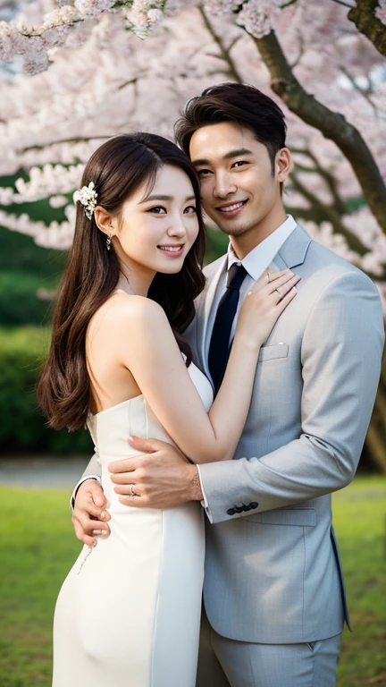A handsome man married a beautiful woman. Both of them are in their twenties.. The two hugged each other and looked at the camera with smiles on their faces. Men's suits.Woman wearing luxurious white wedding dress.Good figure. wedding place japan. logging park. Cherry blossoms. mangrove. night view. whole body. wide angle, best quality, Excellent details, ultra high resolution