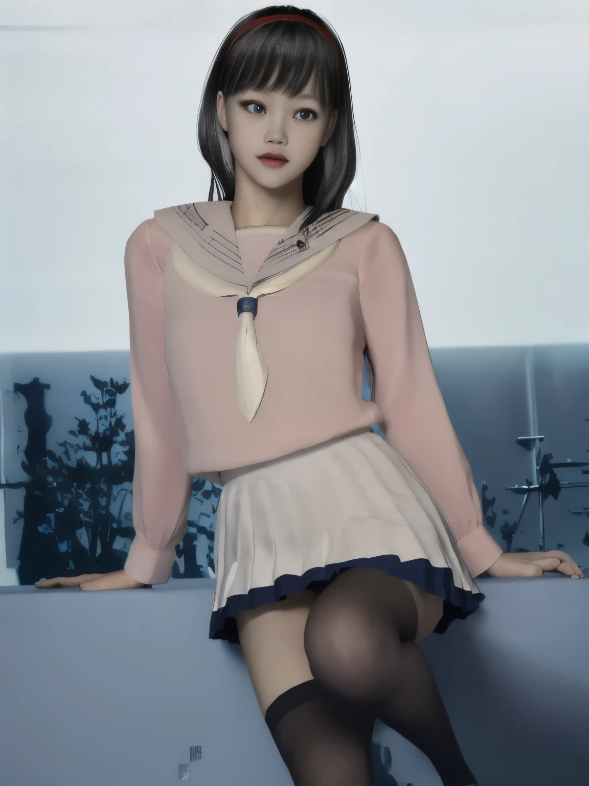 (dark photo、unity、8k wallpaper)、(very delicate and beautiful)、(masterpiece)、(highest quality:1.2)、(超A high resolution:1.3)、(beautiful realistic asian),beautiful lighting、perfect lightning、realistic shadow、fine skin、Super detailed、detailed face and eyes、realistic eyes、sharp pupils、Huge , inside the classroom、School、sunset、beautiful face、blurred background、(japanese woman)、shiny skin、side up、美しいblack hair、dull bangs、Japan High School Sailor Uniform、pleated mini skirt、gentle smile, ((table top, highest quality)), (shiny skin), cinematic lighting, Physically based rendering, award-winning, highly detailed skin, highly detailed face, Beautiful eyes in every detail, Carl Zeiss 85mm F/1.4, (Standing position), (cumin , on the chest and thighs), she'she'To a very cute , (black hair, straight long hair, open your eyes, blush), big cleavage, (sailor blouse, Pull up the pleated skirt yourself:1.3), watching from a distance, (navy knee socks, thigh focus),art by、