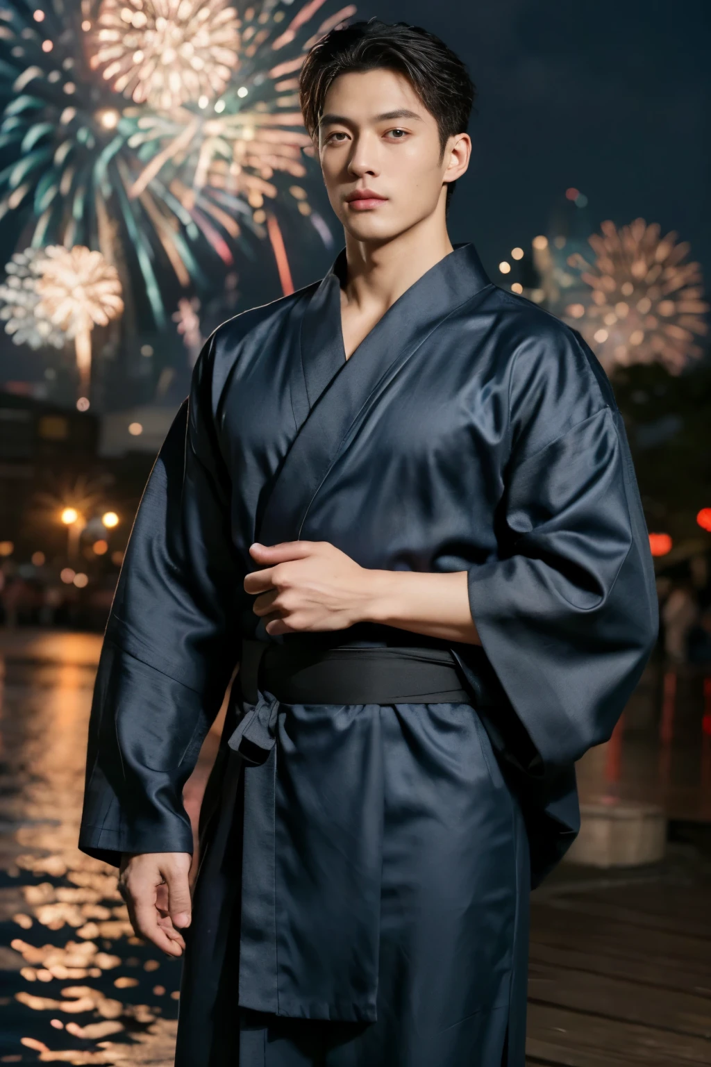 top-quality、​masterpiece、超A high resolution、(realisitic:1.4)、Detailed face、solo、１human male、Dark hair、glistning skin、dense skin、(asian human)、architectural、(absurderes、hight resolution、ultra-detailliert)、、1 male、Adultan's, 23 years old)、a handsome、tall muscular man、broad shoulder、extra very short hair、angular jaws、thick neck、thick eyebrow、extra very short hair、A dark-haired、fine eyes and detailed face、 Highly detailed CG Unity 8K wallpapers、intricate-detail、(Style Swirl Magic:0.7)、looking at the spectator、solo、(full body Esbian:0.6)、Detailed background、A detailed face、dynamicposes、、Urban background、dynamic compositions、 big muscle、、((((Crotch bulge))))、a handsome、 ((masutepiece:1.4, Best Quality)), ((masutepiece, Best Quality)), (photographrealistic:1.4)、(((Fireworks Festival)))、sports wear、 Pubic hair, Open legs, ,  Abs, ((Erection 1.2)), (Moccoli: 1.4),  Sweating, (He is wet, Wet 1.2),, (Slipping thin underwear, Wet and beautiful 1.4)), Blood vessels in the arm、、Chinese Bishonen、(Stroll through the city of fireworks displays:1.2), food stand, (Dark blue silk yukata:1.3),   Smile, red blush,（the perfect body：1.1）、（shorth hair：1.2）、FULL BODYSHOT,（Very elaborate CG 8K wallpapers）、（extremely delicate and beautiful）、（​masterpiece）、（top-quality）:1.0)、(超A high resolution:1.0)、[hight resolution]、detailed skins、ultra-detailliert ((colourfull)), male people、Japan men、Vermilion band