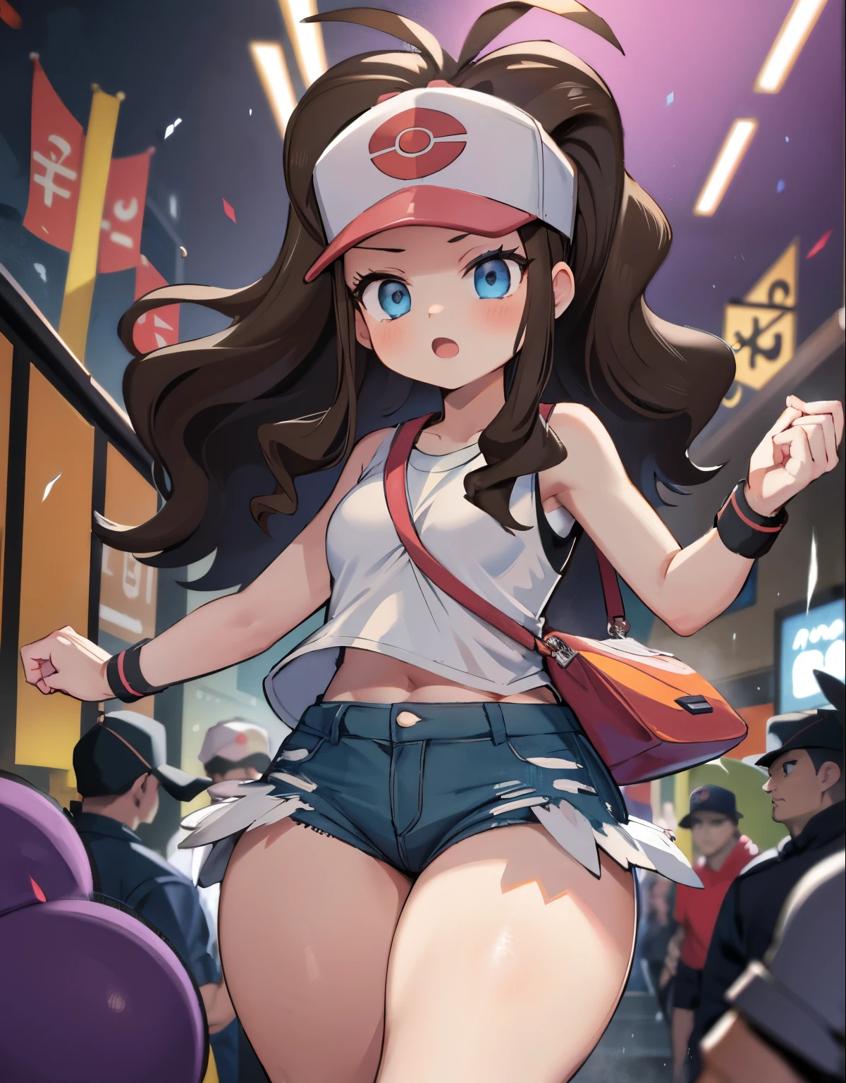 High quality, Masterpiece, Best quality, Hilda \(pokemon\), def1, body shape, beautiful eyes, detailed eyes, thick thighs, a girl being touched by multiple men without her consent inside a dark alley,illustration,harsh and disturbing atmosphere,[dark shadows,dark and crowded subway car,panic,struggle],(best quality,highres),vivid colors,warm tones,dimmed lighting