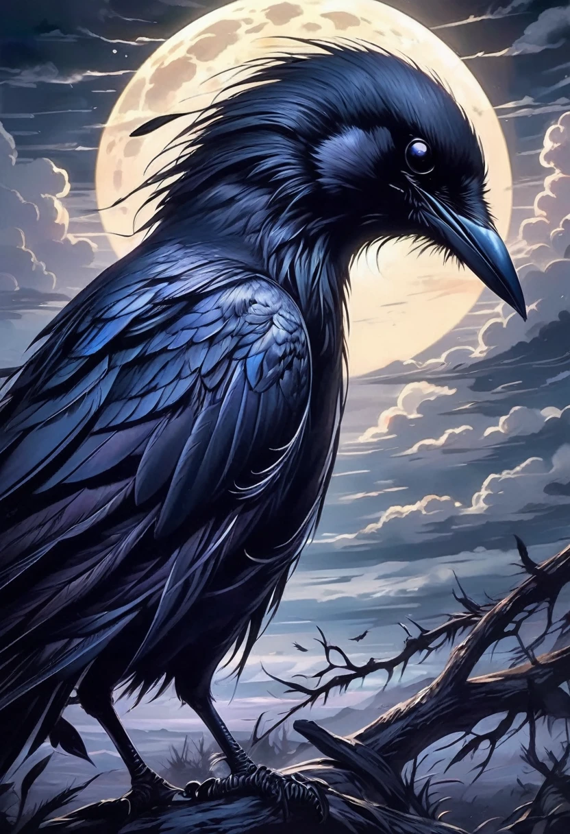 best quality,ultra-detailed,(realistic:1.37) paintings,dark and mysterious atmosphere,ominous colors,[crow],intricate feathers,sharp beak,penetrating gaze,intense expression,eerie silhouette,sinister presence,nighttime scene,moonlit sky,clouds,dramatic lighting,contrast of light and shadow,gothic style,dramatic brushstrokes,texture and depth,colorful plumage,majestic wingspread,haunting presence,foreboding,loneliness,uneasy feeling,impressive details,beautifully captured essence,artistic masterpiece