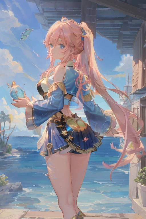 cornflower art, fantastic, (a beautiful girl,Anime style girl,blue eyes,long hair,wearing light clothes,shining,long sleeve,open chest,Short skirt swimsuit,pink big breasts,White,and,heart on top,beautiful butt,Nice butt,前面是海滩and明亮的蓝天,There are clouds above,There are palm trees in the background on both sides of the picture,There are also a lot of blue and fish swimming around in the sea,