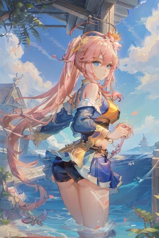 cornflower art, fantastic, (a beautiful girl,Anime style girl,blue eyes,long hair,wearing light clothes,shining,long sleeve,open chest,Short skirt swimsuit,pink big breasts,White,and,heart on top,beautiful butt,Nice butt,前面是海滩and明亮的蓝天,There are clouds above,There are palm trees in the background on both sides of the picture,There are also a lot of blue and fish swimming around in the sea,