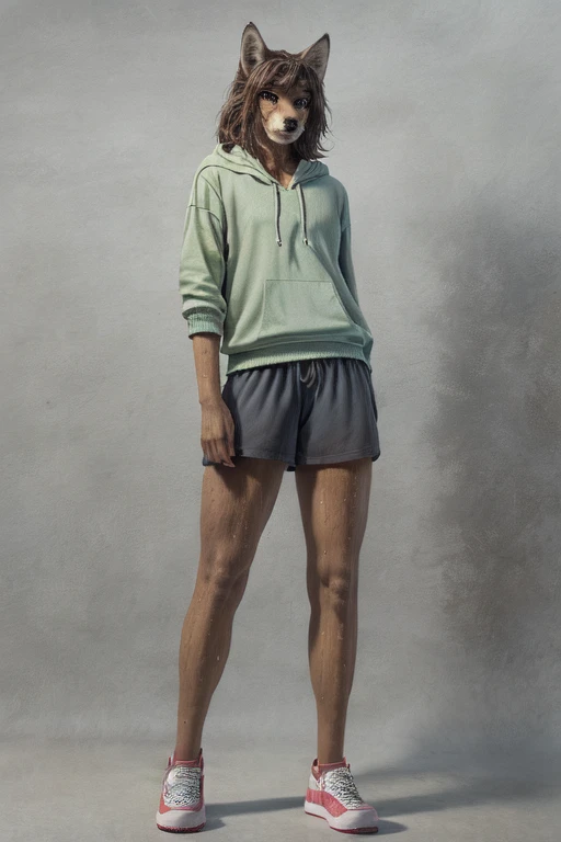 Furry anthropomorphic wolf, Russet brown fur, dark brown hair, dark green eyes, 6'1 and 173 lbs, 41" Chest, 19" Shoulders, 13" Biceps, 32" waist, 23" Thighs, 15" Calves, 19" Back, wearing bright yellow-green hoody, wearing Grayish-green T-shirt, wearing matching sweat shorts, wearing dark slate gray slip on shoes, soft colors, vivid colors, pastel color, soft shading