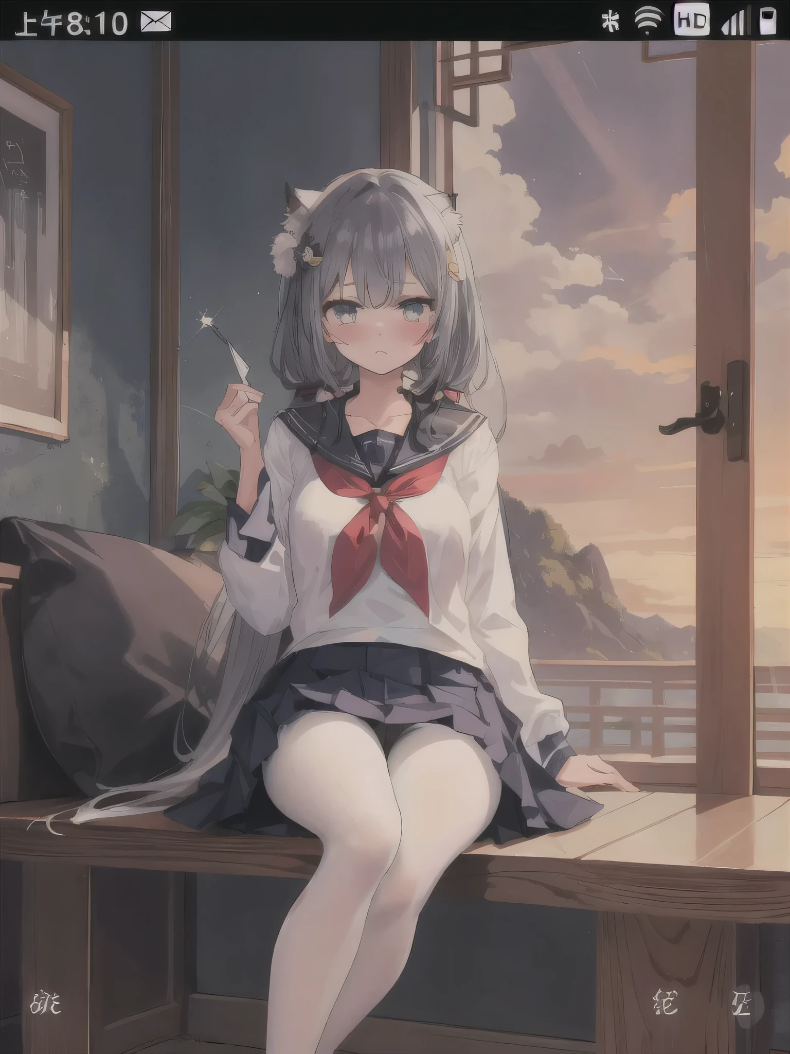 1 girl, skirt, animal_ears, foot, sailor_collar, long_hair, white_legwear, alone, shoe bottom, School_, pleexisted_skirt, Serford, blue_skirt, pantyhose, shirt, collarbone, white_shirt, watch_exist_audience, animal_ear_Brushed, No_shoe, short_sleeve, scarf, side lock, silver_hair