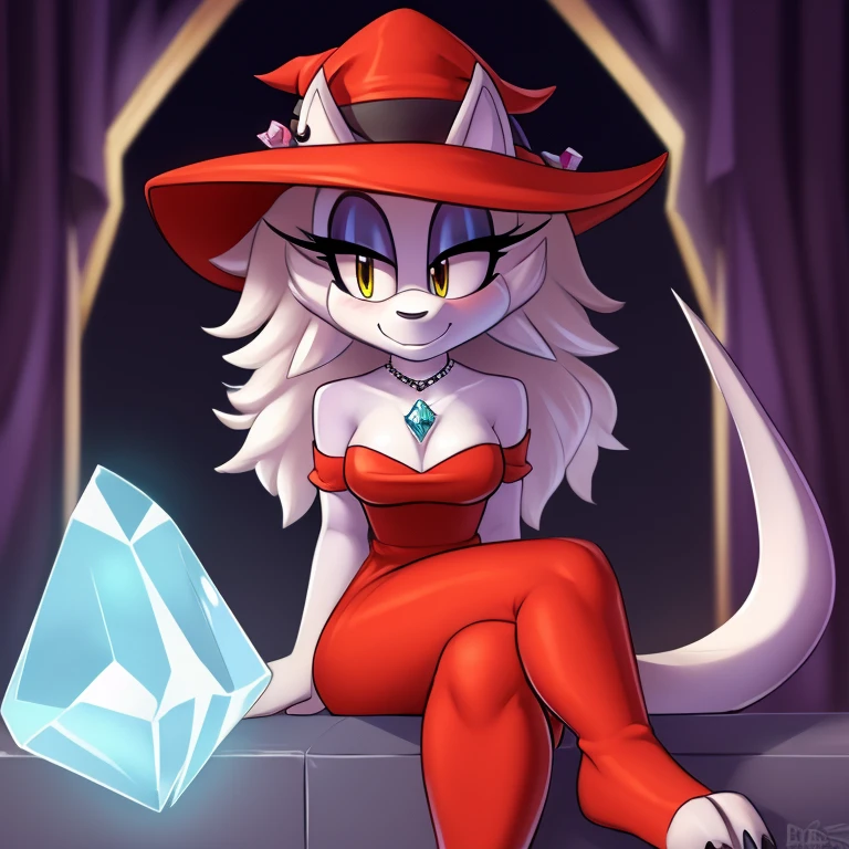 Mobian (dragon), 1girl, white crystal body, white scales, white crystal dragon horns, white dragon wings, white dragon tail, small breasts, (white diamond dress), cleavage, white diamond witch hat, diamond (gemstone) necklace, diamond (gemstone), sitting on giant diamond (gemstone)