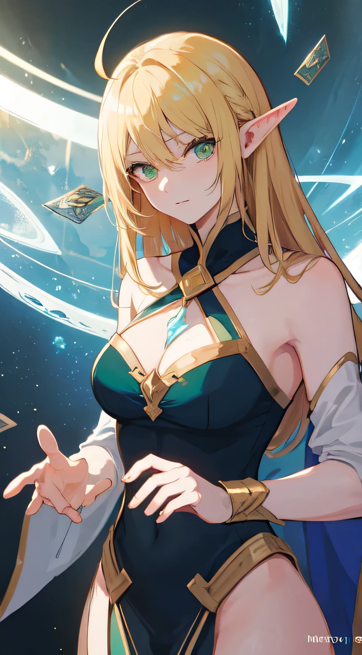 32 year old female, blond, green eyes, Thin, Big ,Elf, green light,, magic circle, Make it like tarot anime style but without the frame, innocent eyes, healing energy,, blue particles, gold particles