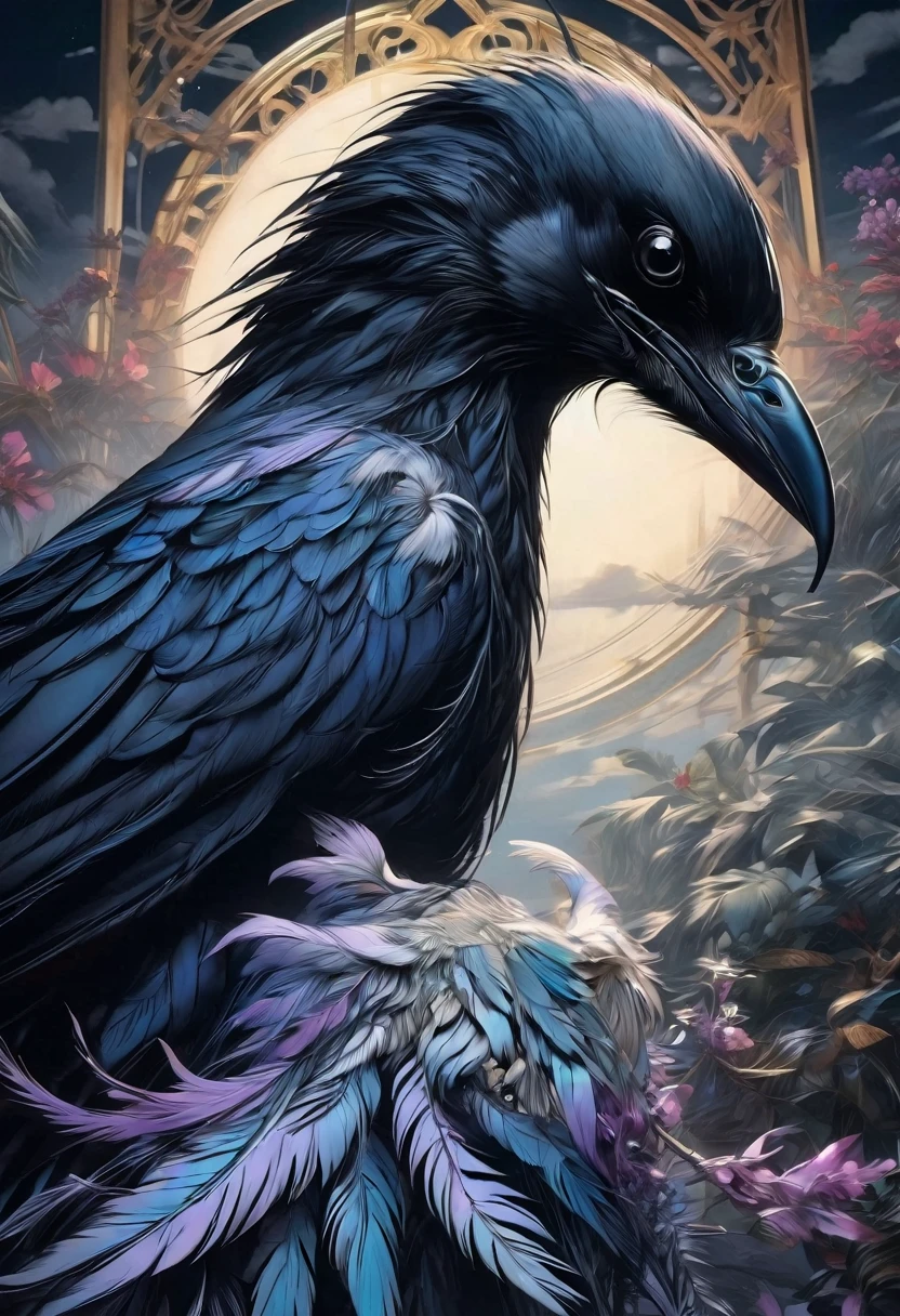 best quality,ultra-detailed,(realistic:1.37) paintings,dark and mysterious atmosphere,ominous colors,[crow],intricate feathers,sharp beak,penetrating gaze,intense expression,eerie silhouette,sinister presence,nighttime scene,moonlit sky,clouds,dramatic lighting,contrast of light and shadow,gothic style,dramatic brushstrokes,texture and depth,colorful plumage,majestic wingspread,haunting presence,foreboding,loneliness,uneasy feeling,impressive details,beautifully captured essence,artistic masterpiece