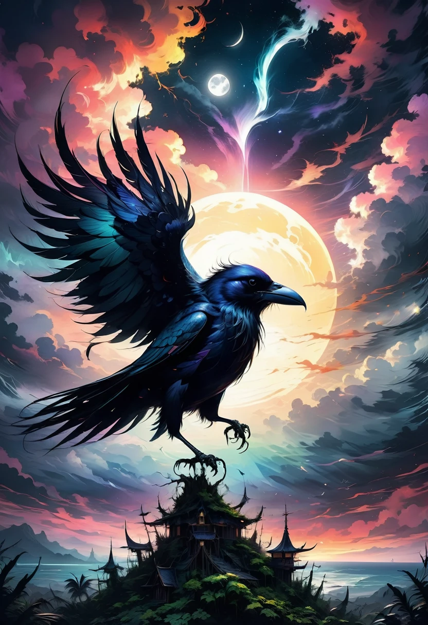 best quality,ultra-detailed,(realistic:1.37) paintings,dark and mysterious atmosphere,ominous colors,[crow],intricate feathers,sharp beak,penetrating gaze,intense expression,eerie silhouette,sinister presence,nighttime scene,moonlit sky,clouds,dramatic lighting,contrast of light and shadow,gothic style,dramatic brushstrokes,texture and depth,colorful plumage,majestic wingspread,haunting presence,foreboding,loneliness,uneasy feeling,impressive details,beautifully captured essence,artistic masterpiece