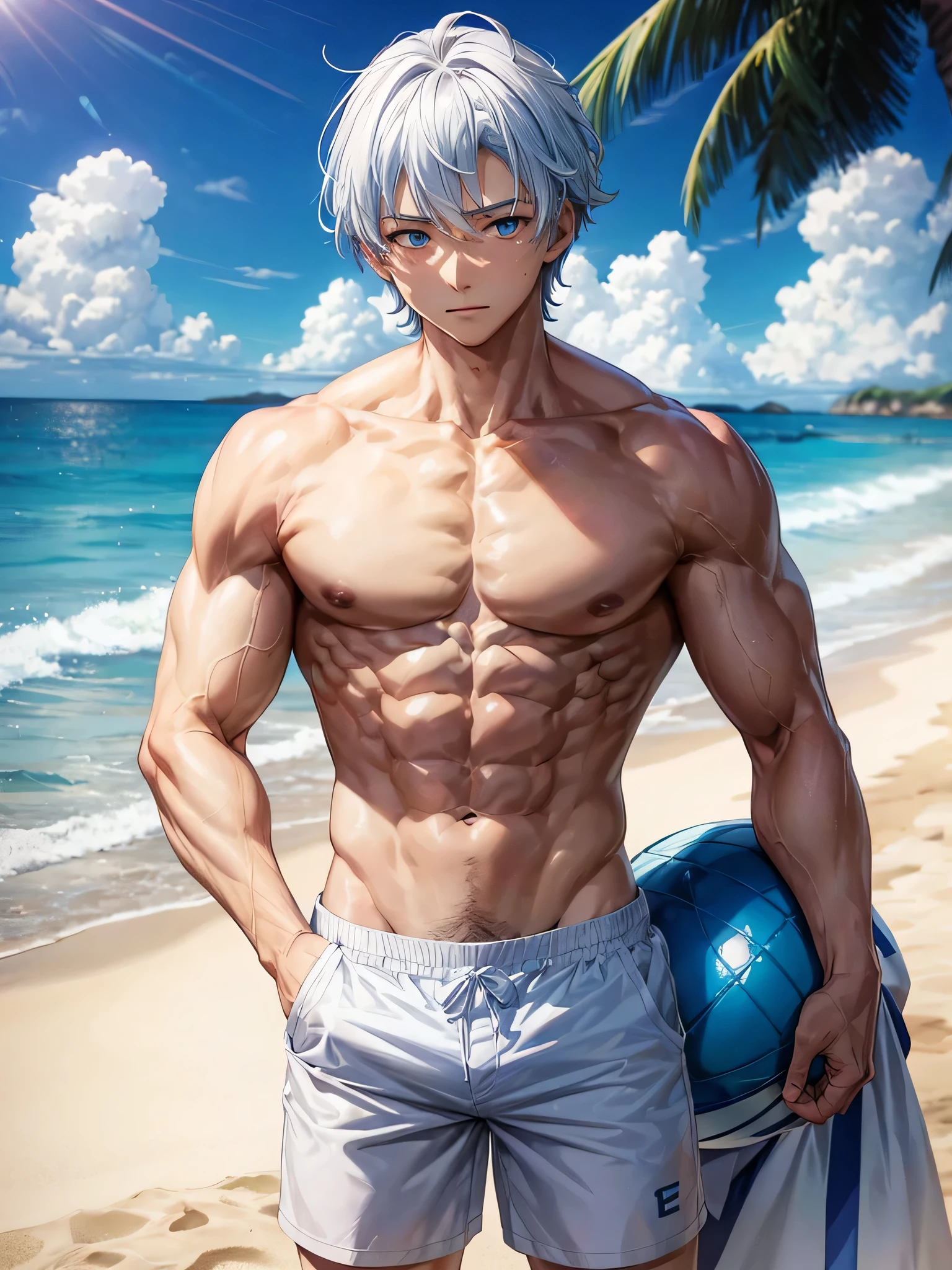 Anime guy about , shirtless, with blue eyes and white hair, muscular, 6 pack abs, with white shorts, on the beach  