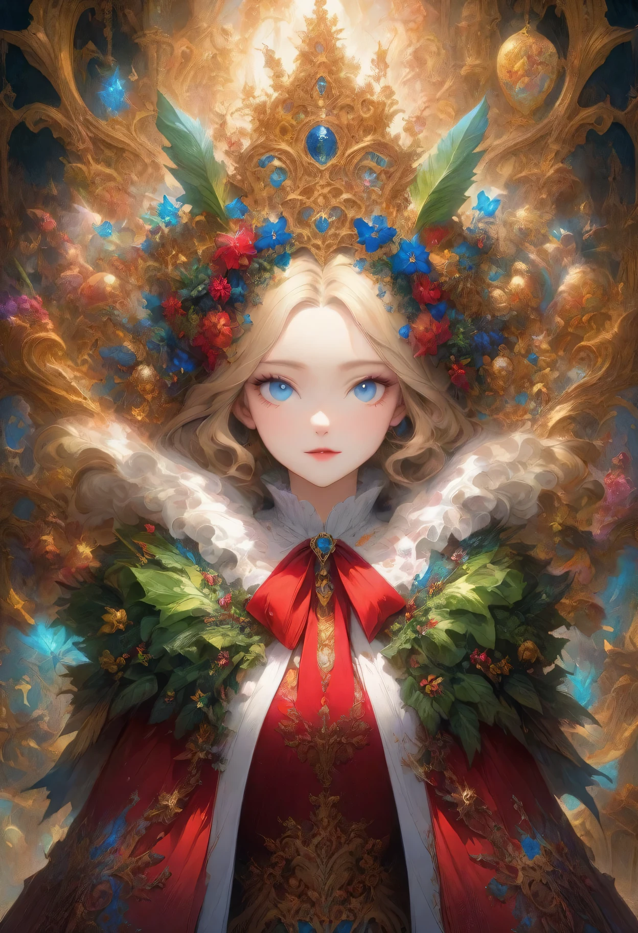 beautiful queen portrait, blonde hair, perfect blue eyes, with brilliant, Impossibly Eye-catching Big Christmas Headdress, Clothes Santa Claus Robe, all christmas, snow, Symmetrical, Dramatic studio lighting, Rococo, Baroque, Green vegetables, Asian, Surrealism, close up, D&D, fantasy, complex, elegant, Very detailed, number, art station, octane rendering, 8K, concept art, matte, sharp focus