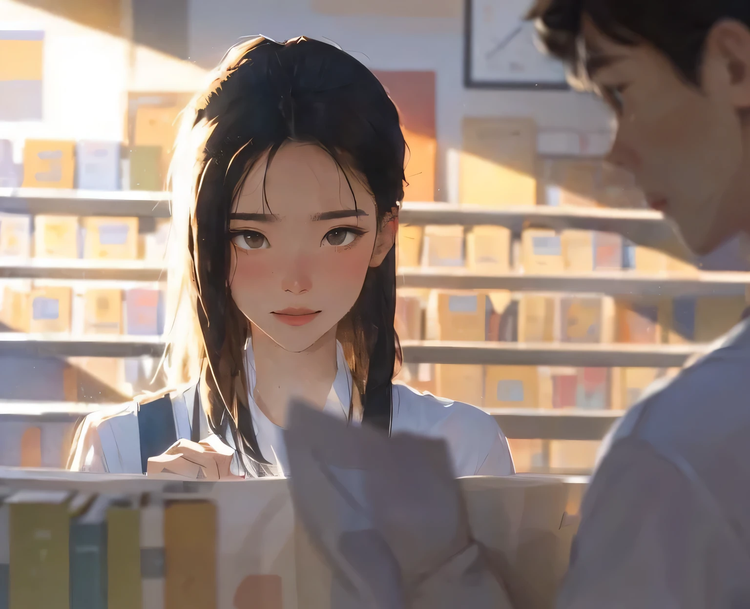 A man and a woman who fell in love at first sight in the library are looking at each other. The two are drawn in vivid colors and soft focus., Light leaks beautifully, creating a dreamlike atmosphere.. This scene has both an experimental charm and a nostalgic appeal.. BREAK Color Field Painting combines abstract expressionism with vibrant and bold colors that stand out.. Leading to an emotionally impactful atmospheric depth and minimalist approach., All of this makes the pretty girl and the neatly dressed man stand out respectively.. The woman wears her long, dyed brown hair tied into a single ponytail., Bright clothes create outrageous charm. All these elements are in UHD (ultra detail)It is expressed as a highly detailed and vivid scene..