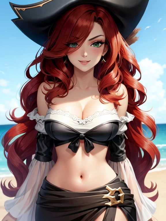 medium breasts, 1girl, scarlet hair, wavy hair, very long hair, black pirate hat, Hair covers one eye, slim and voluptuous, green eyes, mascara, thick lips, free cleavage, bare shoulders, miss fortune \(league of legends\), pirate hat, bra, detached sleeves, wide sleeves, off shoulder, cleavage, smiling, close up, looking at camera, bare midriff
