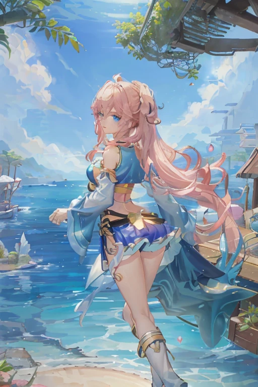 cornflower art, fantastic, (a beautiful girl,Anime style girl,blue eyes,long hair,wearing light clothes,shining,long sleeve,open chest,Short skirt swimsuit,pink big breasts,White,and,heart on top,beautiful butt,Nice butt,前面是海滩and明亮的蓝天,There are clouds above,There are palm trees in the background on both sides of the picture,There are also a lot of blue and fish swimming around in the sea,