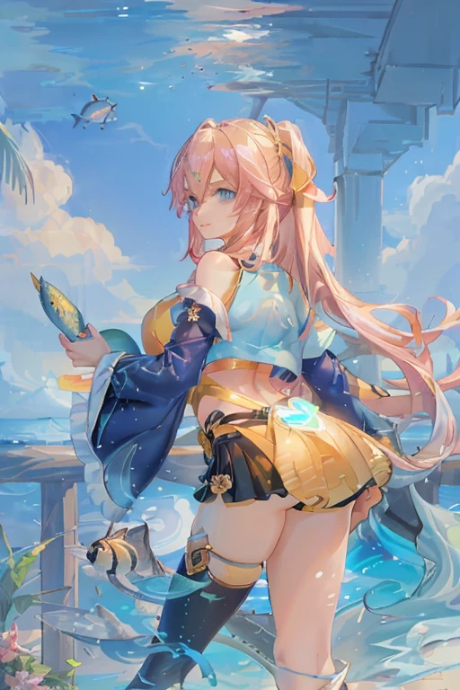 cornflower art, fantastic, (a beautiful girl,Anime style girl,blue eyes,long hair,wearing light clothes,shining,long sleeve,open chest,Short skirt swimsuit,pink big breasts,White,and,heart on top,beautiful butt,Nice butt,前面是海滩and明亮的蓝天,There are clouds above,There are palm trees in the background on both sides of the picture,There are also a lot of blue and fish swimming around in the sea,