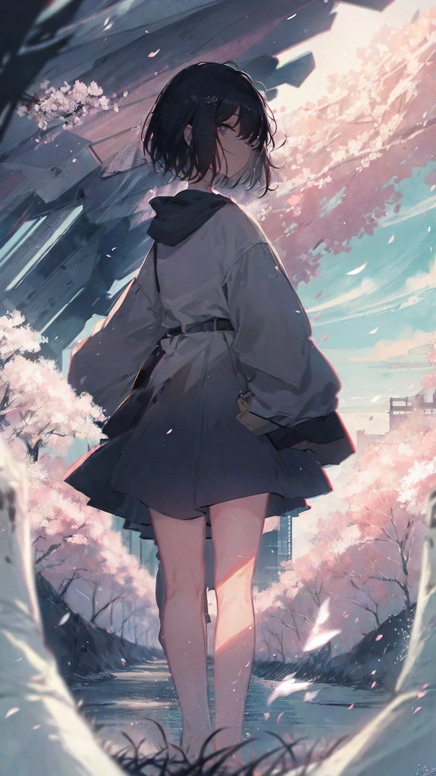 Product illustration for Girl in the Wind,cherry blossoms,water中で,water,black hair,short bob,white skin,Pale complexion,Light skin tone,face forward,Are standing