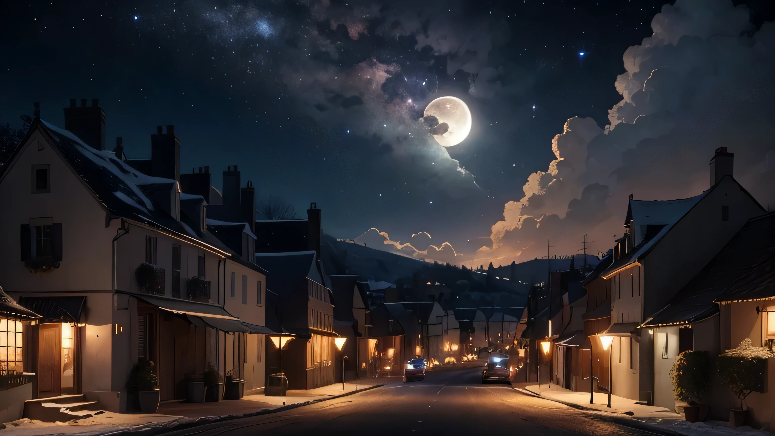 tard le soir, a full moon in the starry sky, street lamps, le vent souffle sur les arbres dans la rue, un livre à travers la fenêtre ouverte de la maison, beautiful HD cartoon scenes, beau paysage de dessin animé HD, ciel de nuit, art dessin animé HD. As you marvel at the view before you, 8K, ultra-HD,